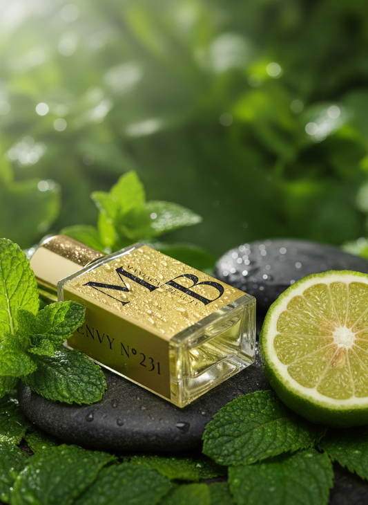 Gold Maniacal Beauty perfume bottle with green leaves and a lime on a blurred green background.  Fragrance is Envy N°231.